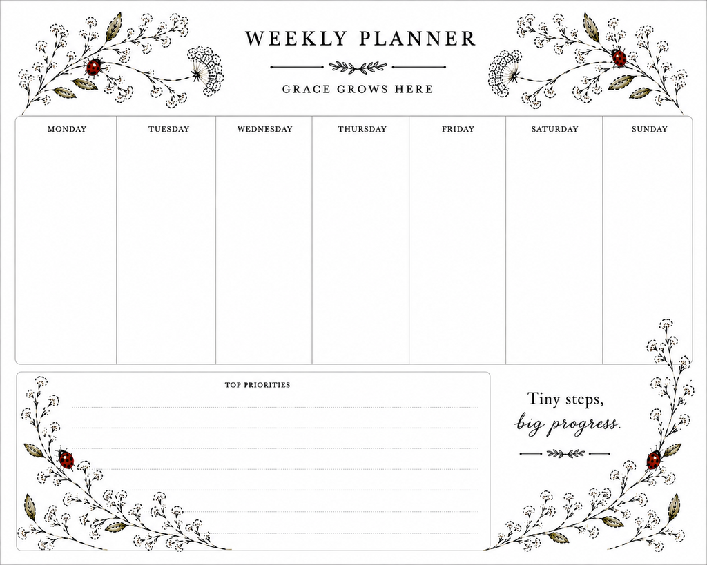 Grace Grows Here Weekly Planner Pad | Undated Desk Planner for Moms & Caregivers | Ladybugs