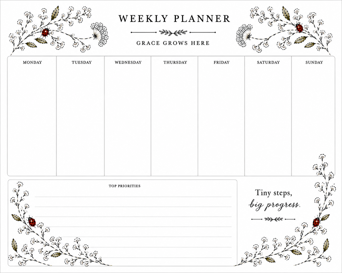 Grace Grows Here Weekly Planner Pad | Undated Desk Planner for Moms & Caregivers | Ladybugs
