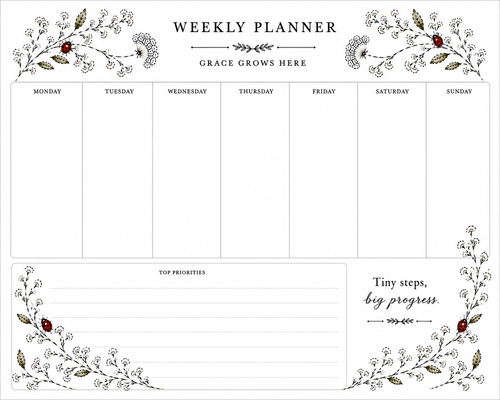 Grace Grows Here Weekly Planner Pad | Undated Desk Planner for Moms & Caregivers | Ladybugs