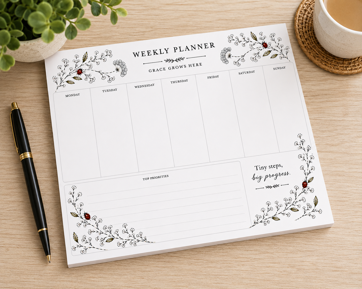 Grace Grows Here Weekly Planner Pad | Undated Desk Planner for Moms & Caregivers | Ladybugs