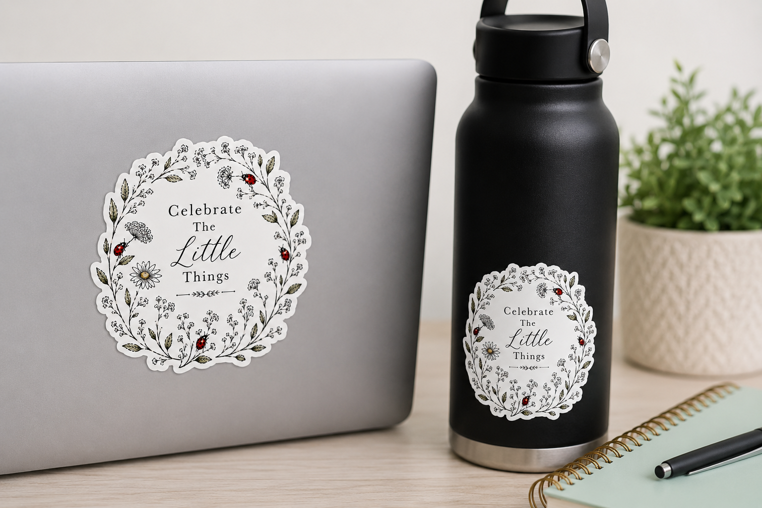 Grace Grows Here Premium Waterproof Vinyl Sticker | 3" Round Ladybug Botanical Sticker