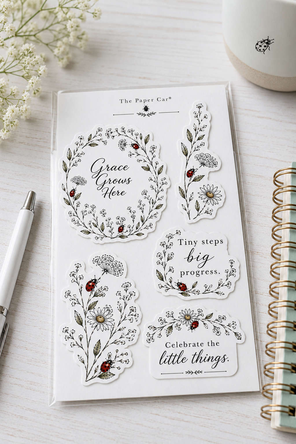 Premium Vinyl Ladybug Botanical 5-In-1 Sticker Sheet For Planners, Journals & Water Bottles